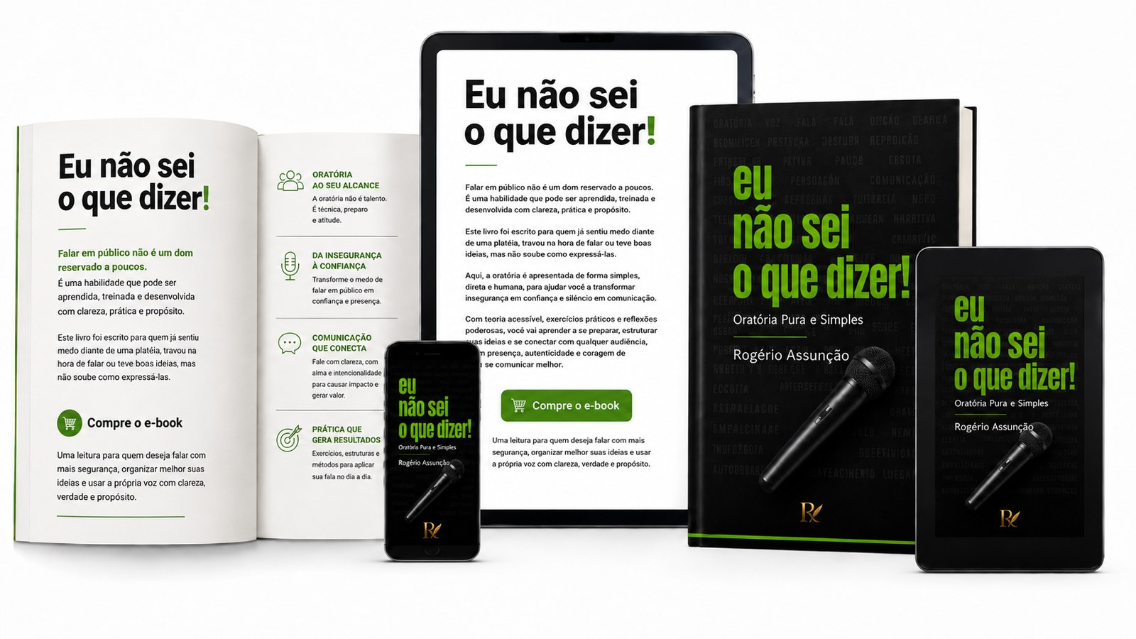 Mockup do livro Eu não sei o que dizer, de Rogério Assunção, em versão impressa, e-book e aplicativo